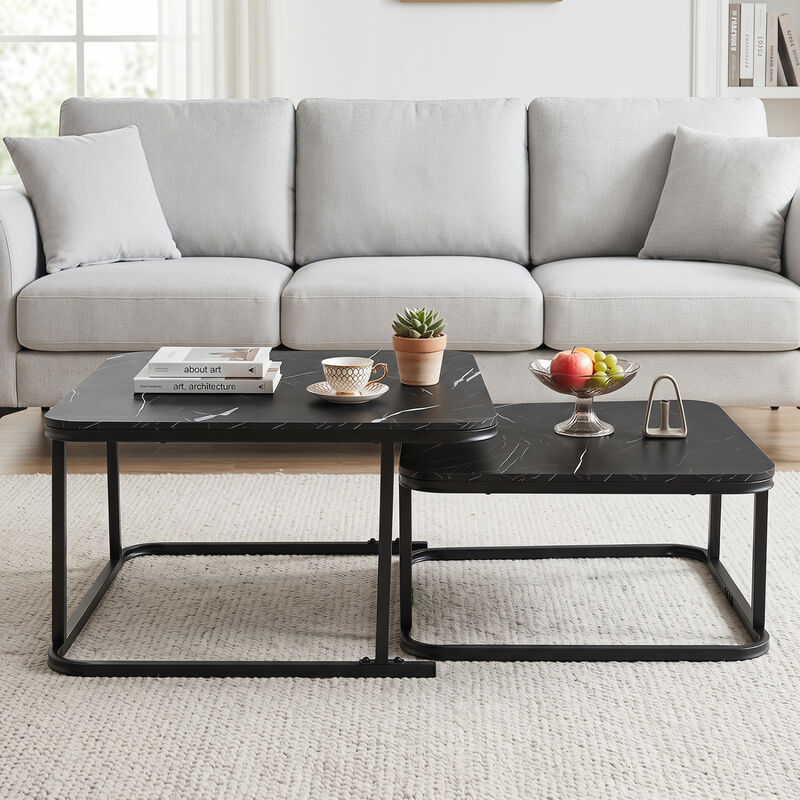 Modern Nesting Coffee Table Set with Faux Marble Surface and Metal Frame image number 2