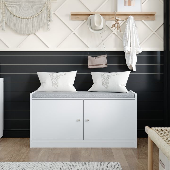 35.8 in. W x 18.1 in. H 8-Pair Shoes White Wood Shoe Storage Bench with 2 Doors and 4-Shelves Storage Compartment