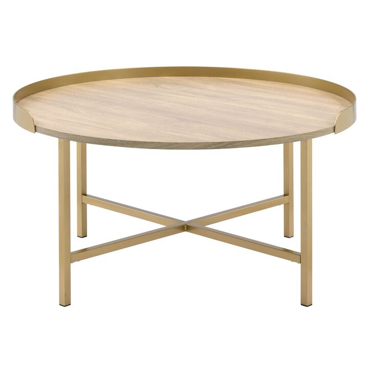 Plethoria Home Oak and Gold Coffee Table with Tray Top