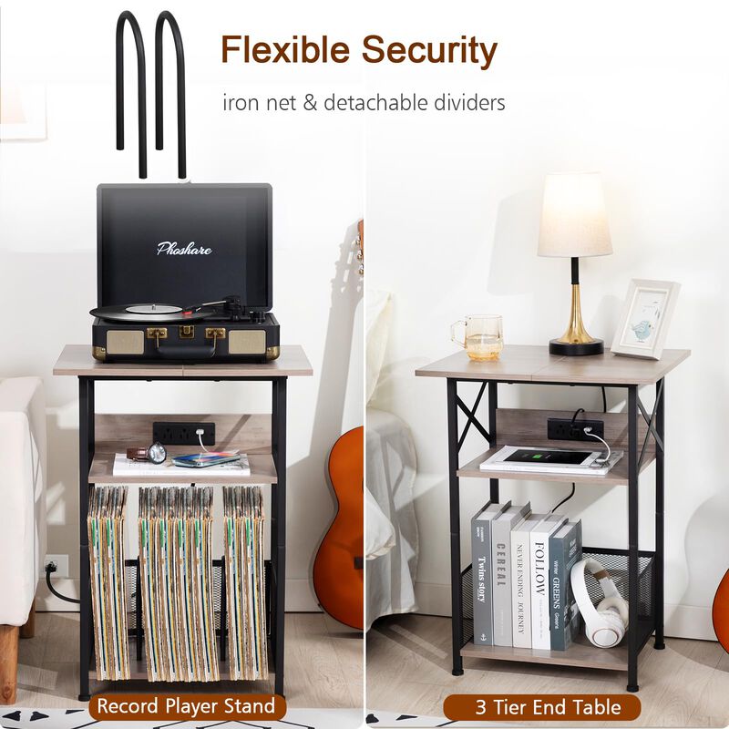 AMHANCIBLE Record Player Stand with Charging Station, Large Turntable Stand with Storage Cabinet, 3 Tier End Table Hold Up to 10