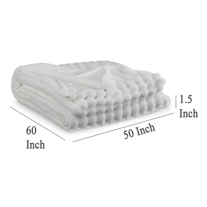 Visha Throw Blanket, Jacquard Faux Fur Stripes, Modern White Polyester - Benzara