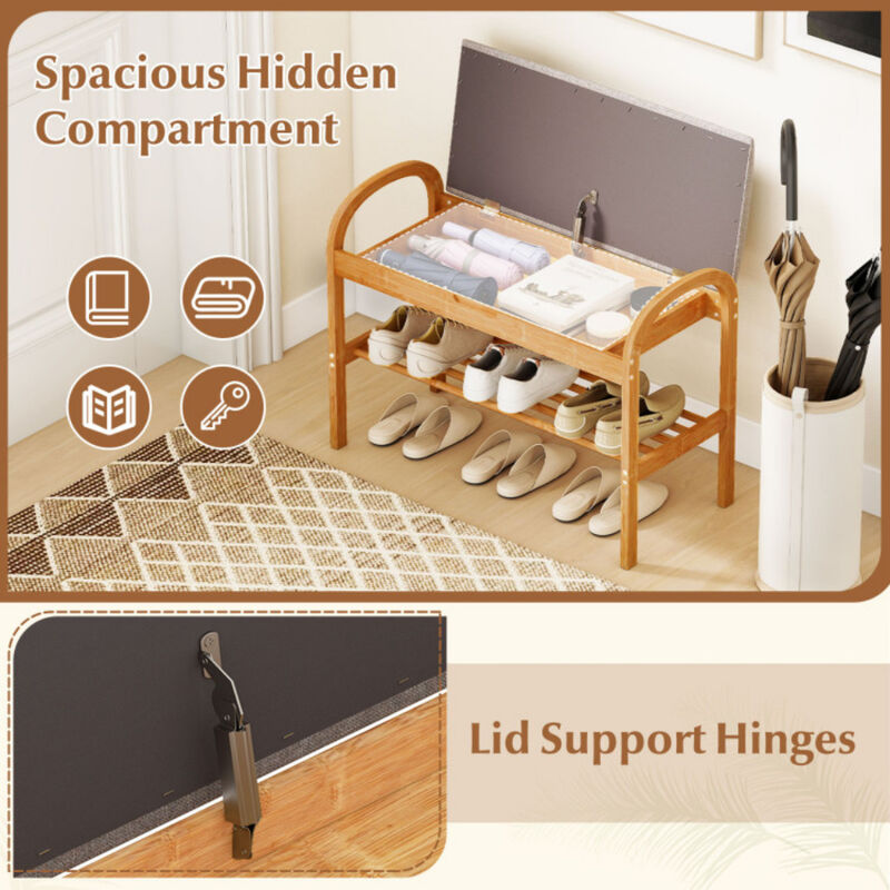 Entryway Wicker Shoe Bench with 2-Tier Storage and Soft Cushion-Natural image number 9