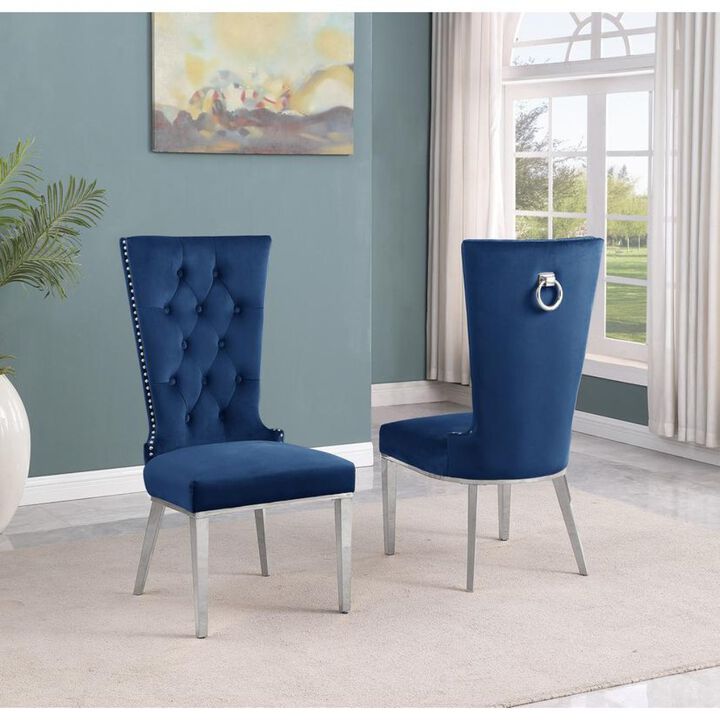 Best Quality Furniture Navy Blue Velvet Side Chair With Silver Stainless Steel Base (Set Of 2)