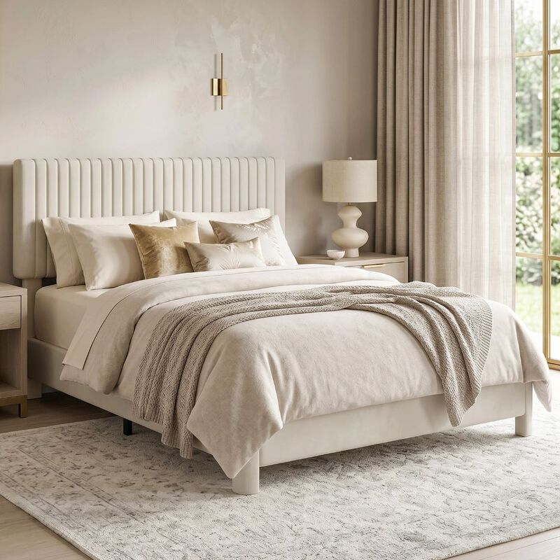 Vipbear Beige Velvet Upholstered Platform Bed Frame with Headboard, Wood Slat Support, Easy Assembly image number 2