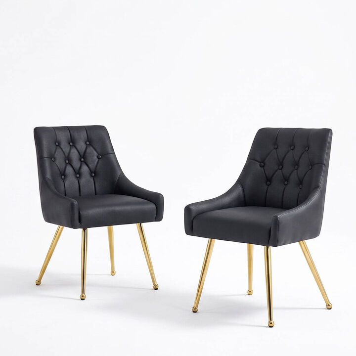 Set of 2 Faux Leather Dining Chairs Diamond Tufted Open Back Side Chairs with Metal Handle Spring and Foam Cushioned Accent Chairs