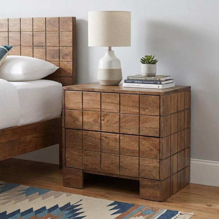 HomeRoots 22" Walnut Wood Carved Geometric Two Drawer Nightstand