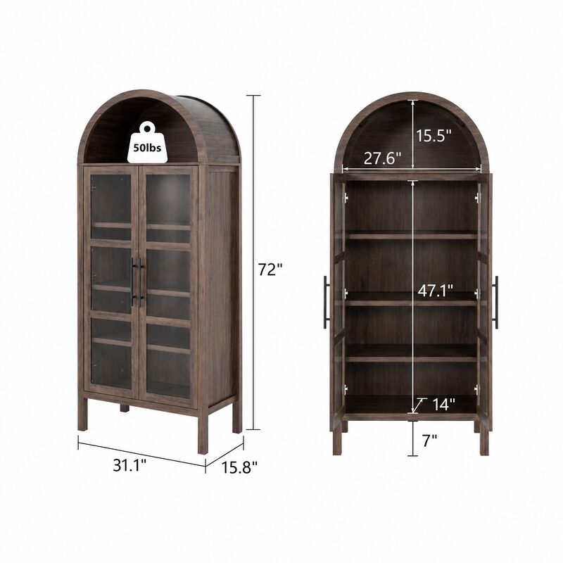 Tall Arched Glass Front Storage Cabinet, Multi‑Purpose Display Cabinet with Adjustable Shelves image number 2