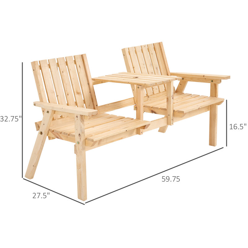 Outsunny Patio Bench, Garden Bench with Middle Table & Umbrella Hole, Wooden Outdoor Bench for Patio, Porch, Poolside, Balcony, Natural
