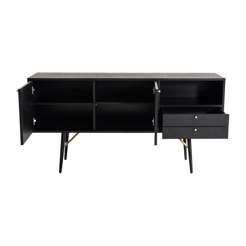 Belo Sideboard Buffet Console, 2 Drawers, Gold Accent, Black, 63 Inch - Benzara