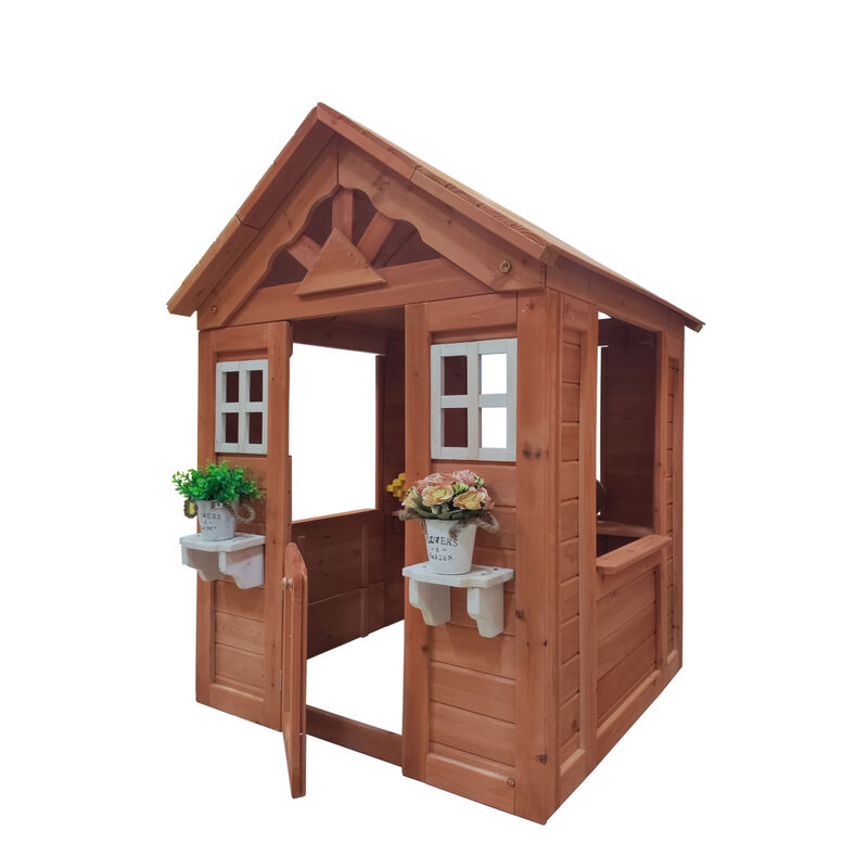 All Wooden Kids Playhouse With 2 Windows And Flower Pot Holder