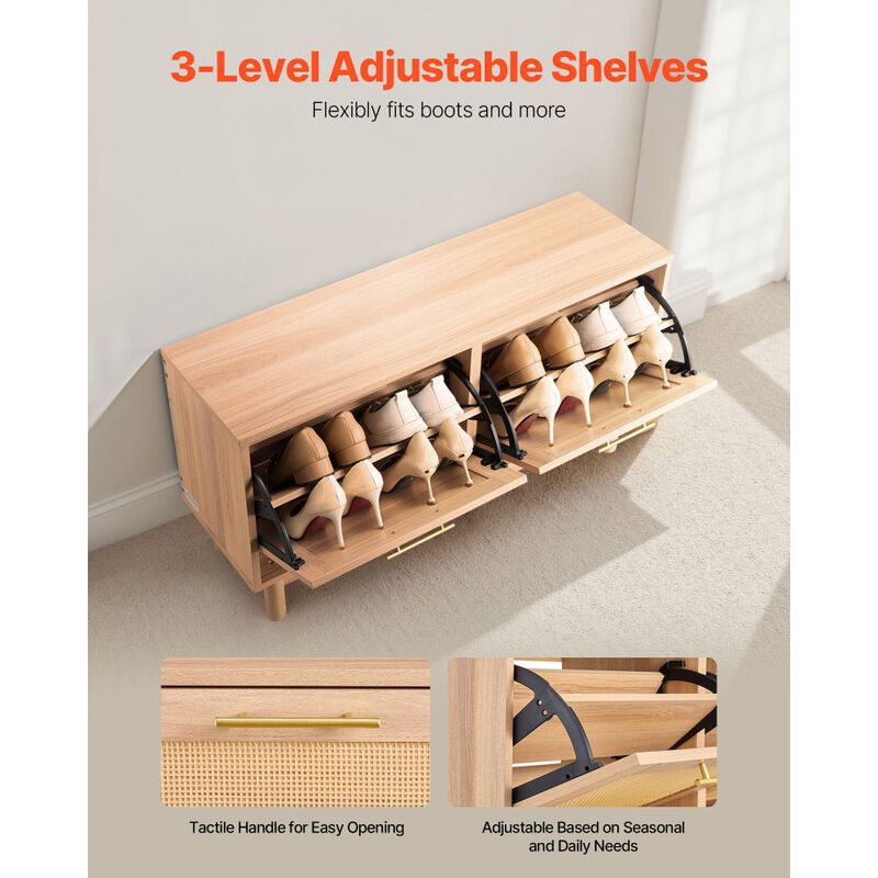 Rattan Shoe Storage Bench, Entryway Bench with 2 Flip Drawers & Compartments image number 4