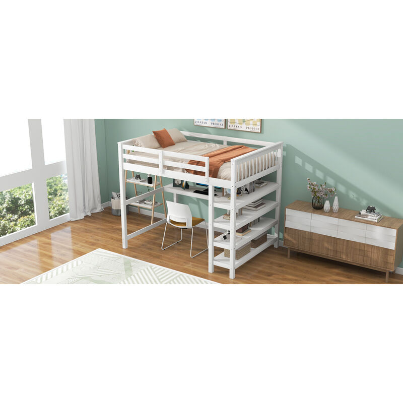 Full Size Loft Bed with Storage Shelves and Under-bed Desk, White