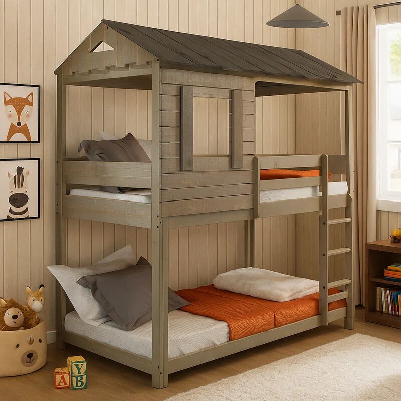 Twin Size Wooden Bunk Bed with House Design, Brown
