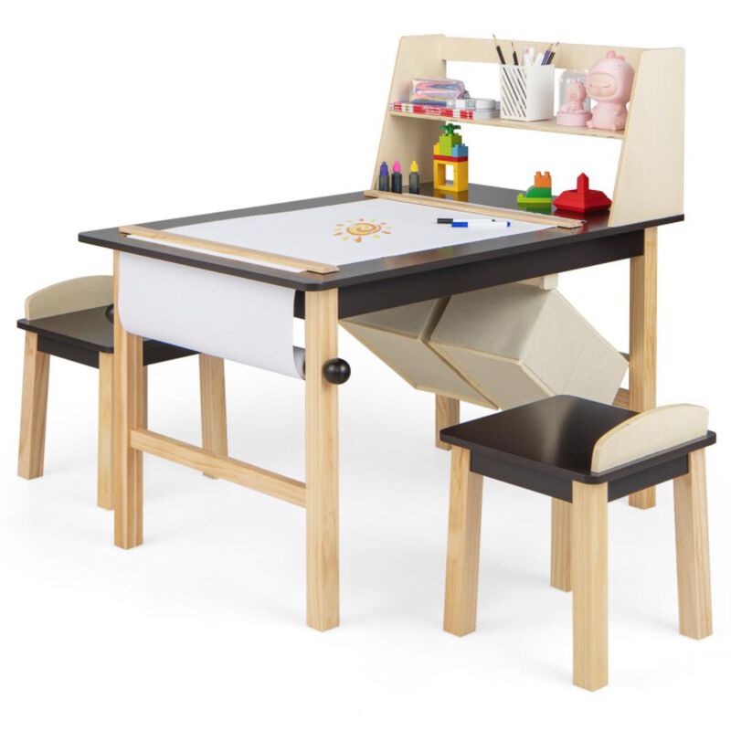 Hivvago Kids Art Table and Chairs Set with Paper Roll and Storage Bins