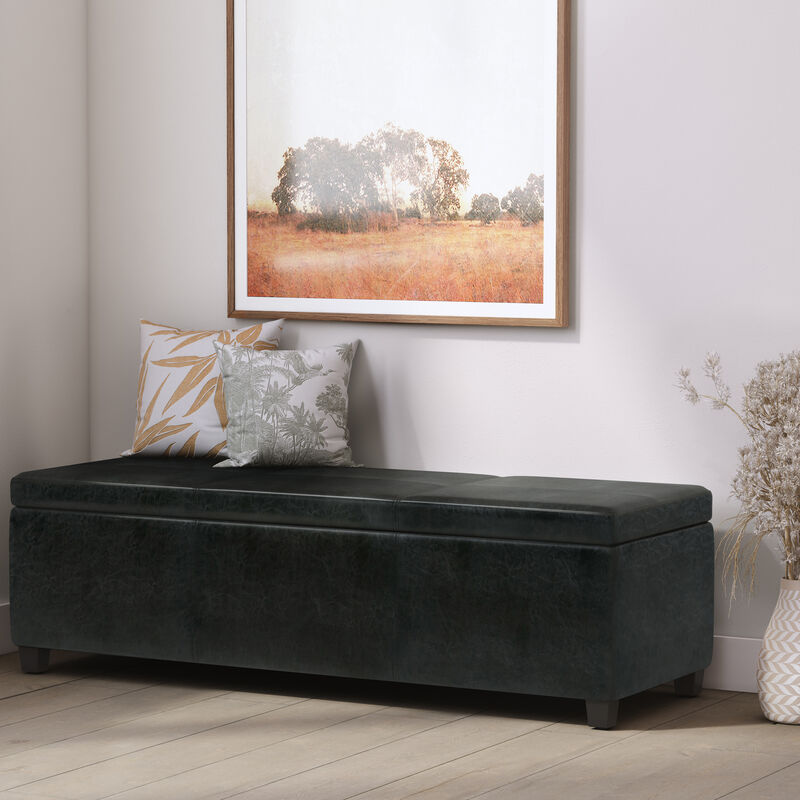 Avalon Extra Large Storage Ottoman Bench in Midnight Black Faux Leather