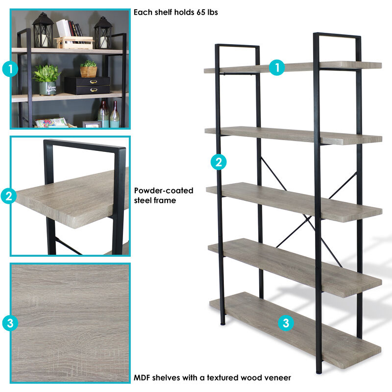 Sunnydaze 5-Tier Industrial Open-Shelf Bookshelf image number 3