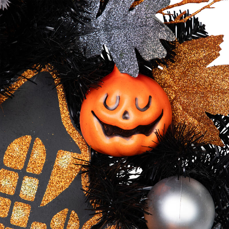 Orange and Black Haunted House Halloween Wreath  24-Inch  Unlit image number 2