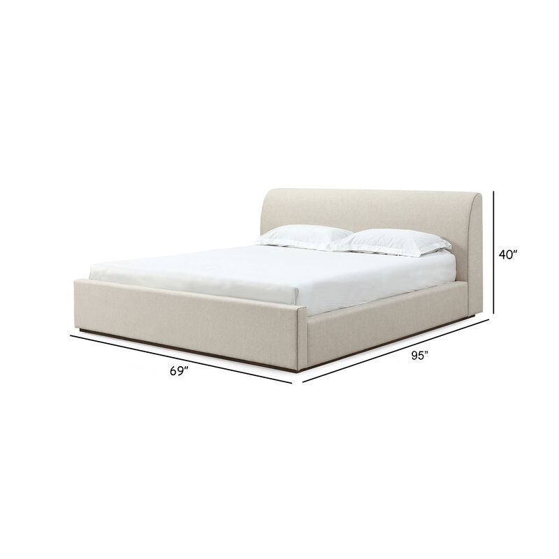 Reza Queen Size Platform Bed, Sleigh Headboard, Low Profile, Beige Linen - Benzara