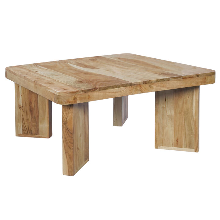 Cascade 32 Inch Coffee Table, Handcrafted Natural Acacia Wood, Square Top with Diagonal Wide Panel Legs