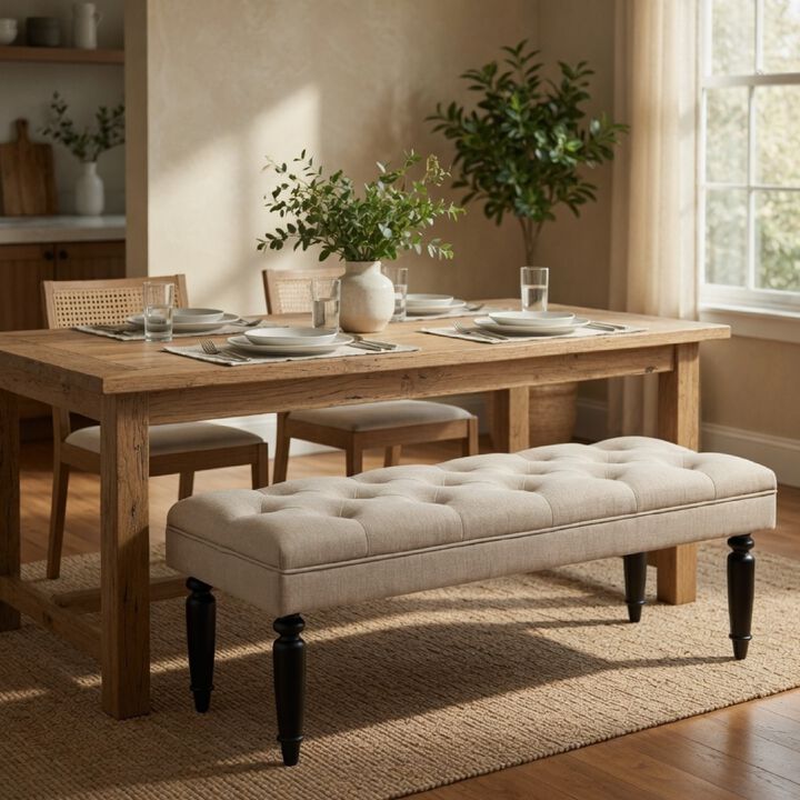 Rasa Accent Bench, Tufted Latte Brown Fabric, Black Turned Legs 52 Inch