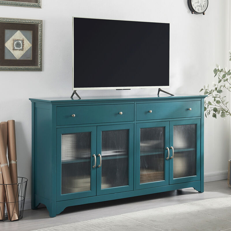 66" TV Console, Storage Buffet Cabinet, Sideboard with Glass Door and Adjustable Shelves, Console Table for Dining Living Room Cupboard, Teal Blue