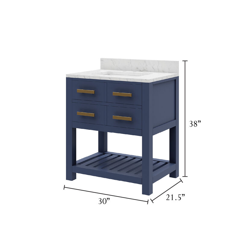 Madalyn 30 In. Single Sink Carrara White Marble Countertop Bath Vanity in Monarch Blue