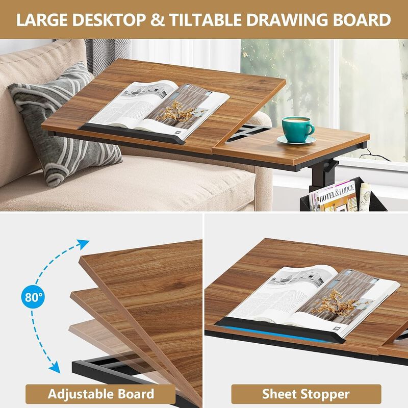 Tribesigns Height Adjustable C-Shaped End Table with Wheels, Walnut Brown Mobile Sofa Side Table with Tiltable Top and Magazine Holder, Rolling Snack Table for Living Room, Bedroom, and Home Office image number 6