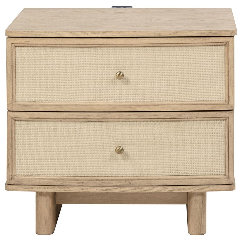 Lno Nightstand, 2 Cane Accent Drawers w Brass Knobs, USB, Oak Beige - Benzara