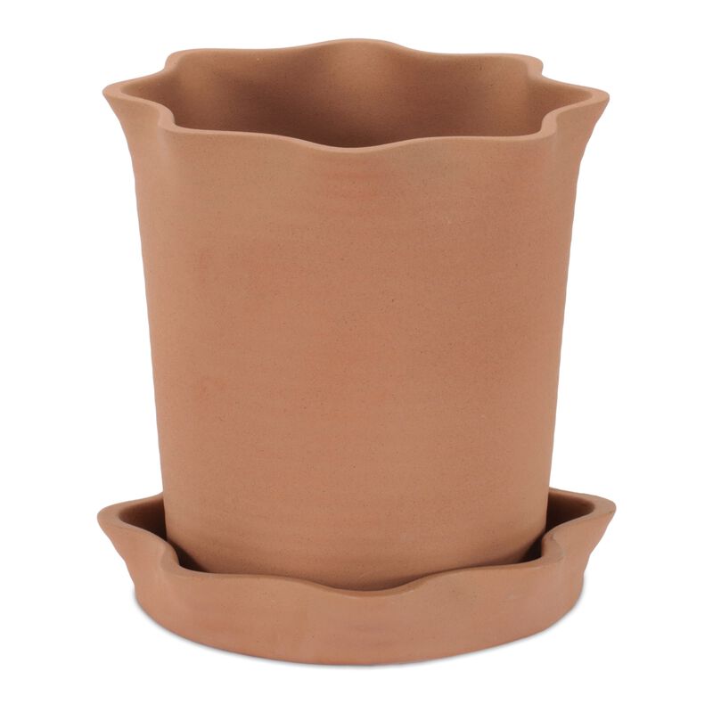 Textured Ceramic Planter with Wavy Design and Saucer for Modern Home Decor.