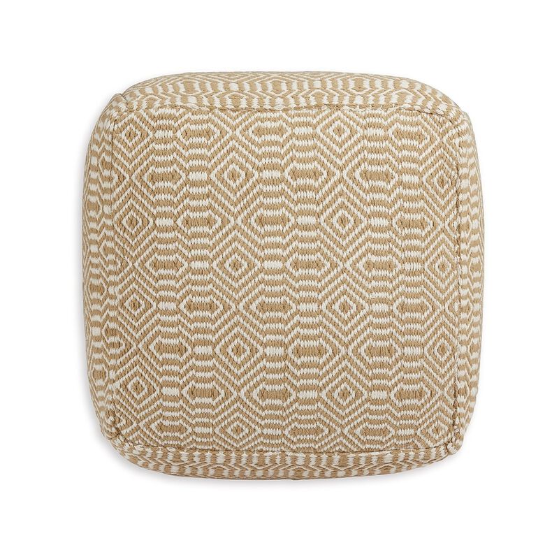 Sena 22 Inch Ottoman Pouf, Handwoven Pattern, Cotton Cover, Beige White - Benzara