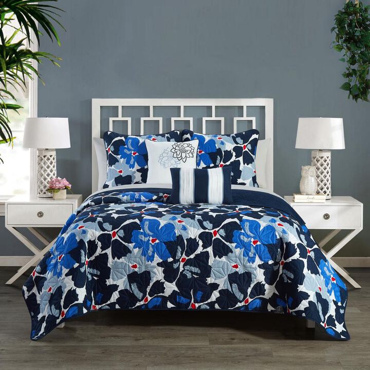 Chic Home Aster Quilt Set Contemporary Floral Design Bed In A Bag - Sheet Set Decorative Pillows Shams Included - 9-Piece - Queen 90x90", Blue