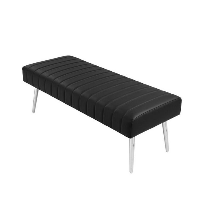 Lida 45 Inch Bench, Modern Tufted Lines, Black Faux Leather, Chrome Metal - Benzara