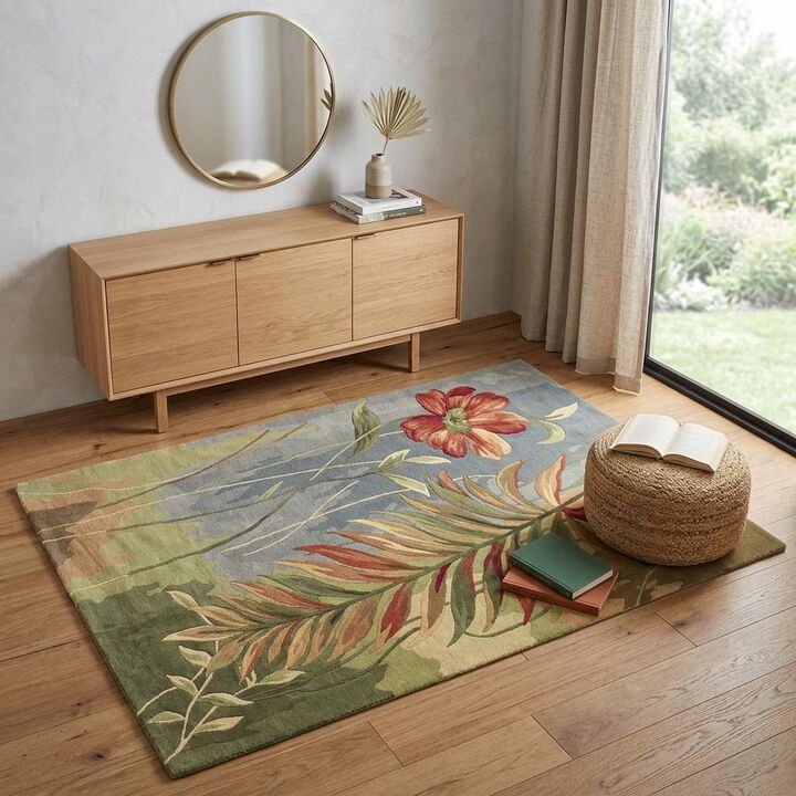 HomeRoots 4' X 6' Blue And Green Wool Tropical Botanical Hand Tufted Area Rug