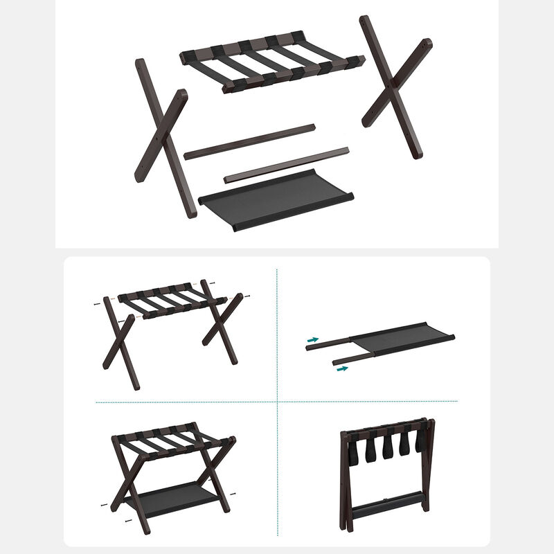 Foldable Suitcase Stand with Shelf &ndash; Guest Room Luggage Rack with Strong Nylon Straps