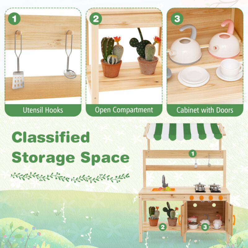 Mud Kitchen Fir Wood Play Kitchen with Canopy and Sink and 4 Stoves