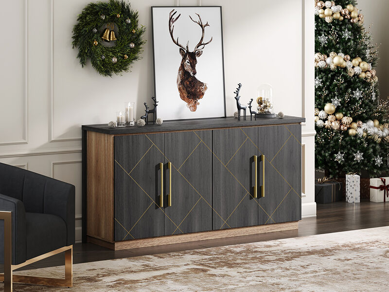 BELLEZE Buffet Cabinet With Storage, 65" Sideboard Cabinet with Storage and Decorative Doors, Modern Buffet table Console Table for Dinning Room, Kitchen & Living Room (Espresso Black)