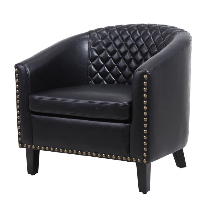 Leatherette Accent Chair with Nailhead Trim and Diamond Stitch, Black - Benzara
