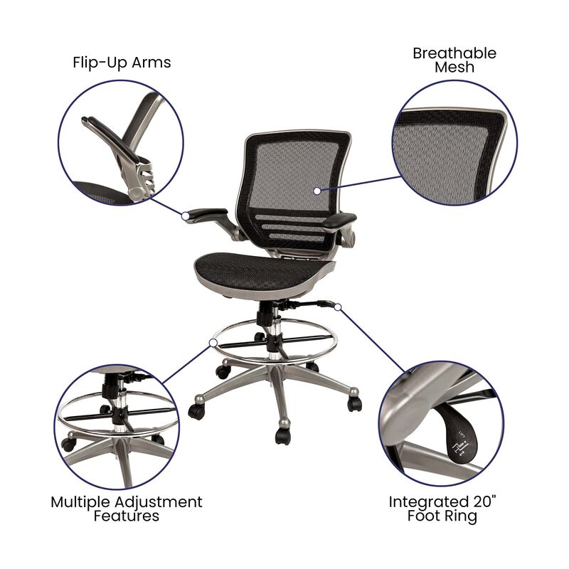 Flash Furniture Waylon Mid-Back Transparent Black Mesh Drafting Chair with Graphite Silver Frame and Flip-Up Arms