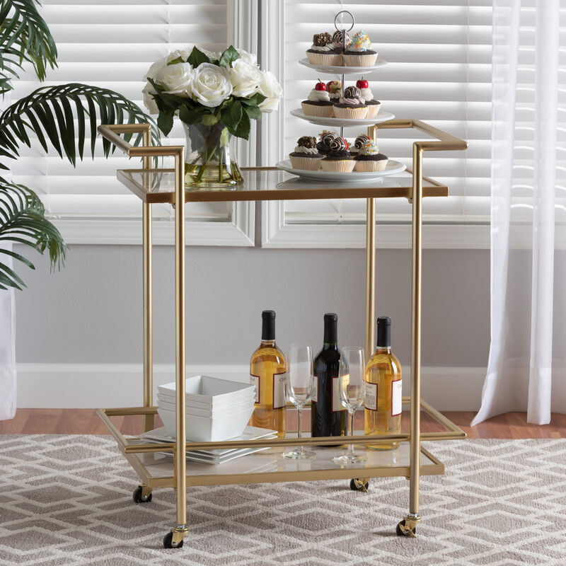 Baxton Studio Louise Contemporary Glam and Luxe Gold Metal and White Marble 2 Tier Wine Cart image number 1