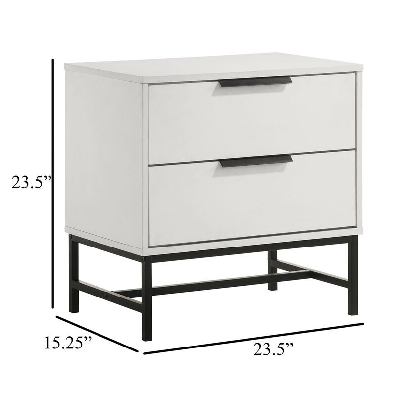 Noro Nightstand, 24 Inch, 2 Storage Drawers, Modern White, Black Metal