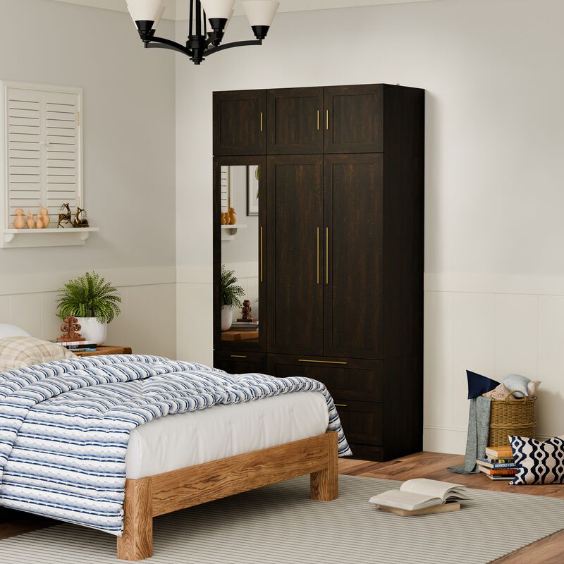 FUFU&GAGA Deep Brown Woodgrain Wardrobe with Full-Length Mirror - 4-Drawer Storage Cabinet, 6 Doors, Fixed Shelves, Safety Anti-Tip Kit (47x86.7x86.6 in), Brown