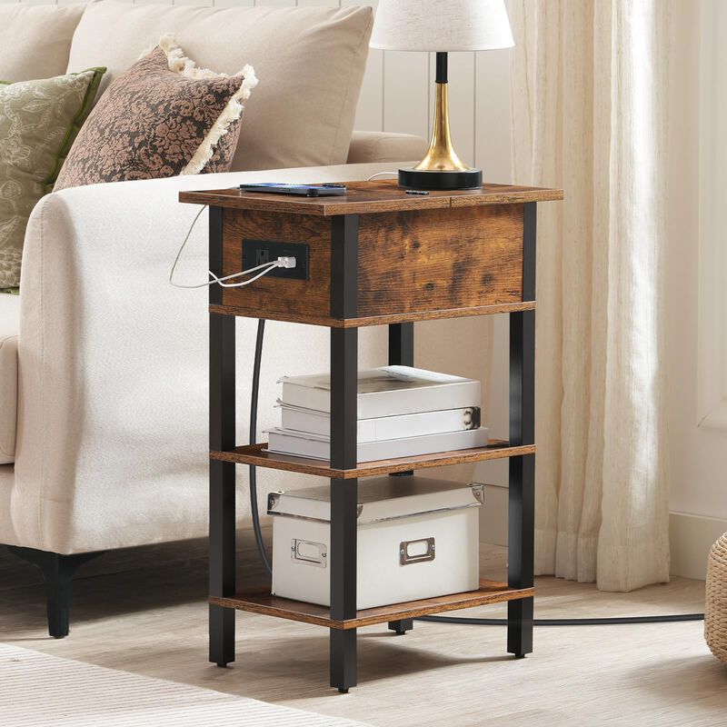 HOOBRO End Table with Charging Station, Flip Top Side Table with USB Ports, Narrow Nightstand Bedside Tables with Storage Shelve