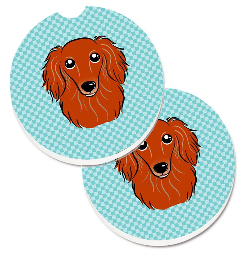 Caroline's Treasures Checkerboard Blue Longhair Red Dachshund Set of 2 Cup Holder Car Coasters BB1152CARC, 2.56, Multicolor