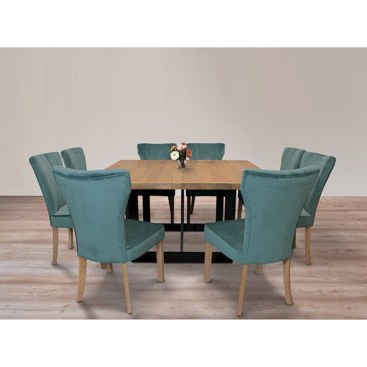 9-Piece Dining Set 8 Cleo Dining Chairs in Velvet Teal Fabric Natural Legs
