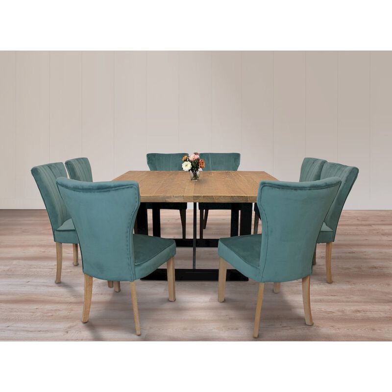 9-Piece Dining Set 8 Cleo Dining Chairs in Velvet Teal Fabric Natural Legs