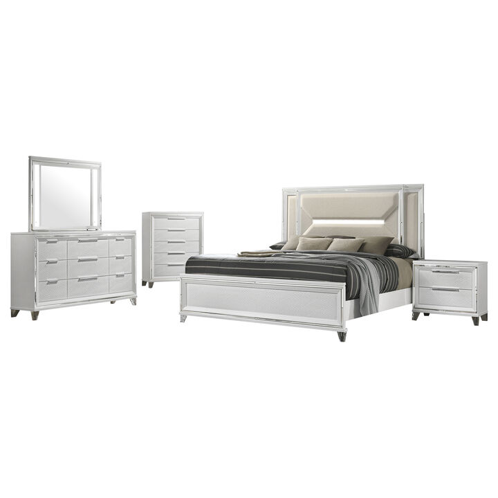 Mory 5pc Queen Bedroom Set, Herringbone Graphic Pattern, LED, White