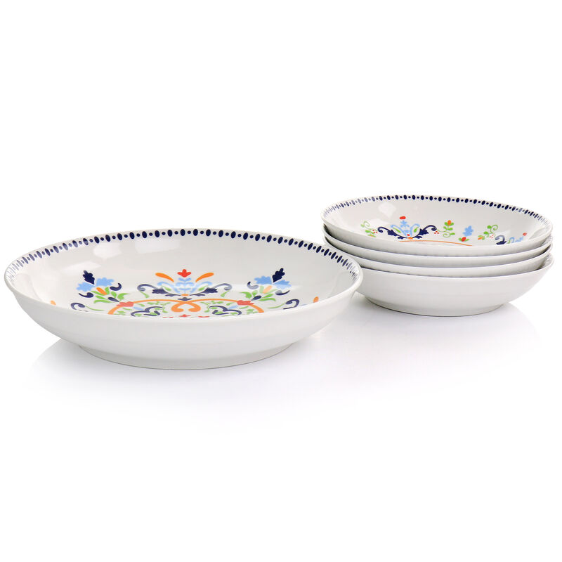 Gibson Home Tijuana 5 Piece Fine Cermic Pasta Bowl Set in White and Multi