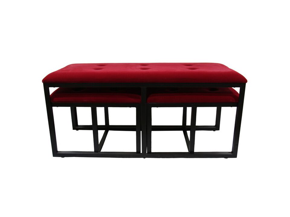 Tufted Leatherette Metal Bench with 2 Extra Seating, Red and Black - Benzara