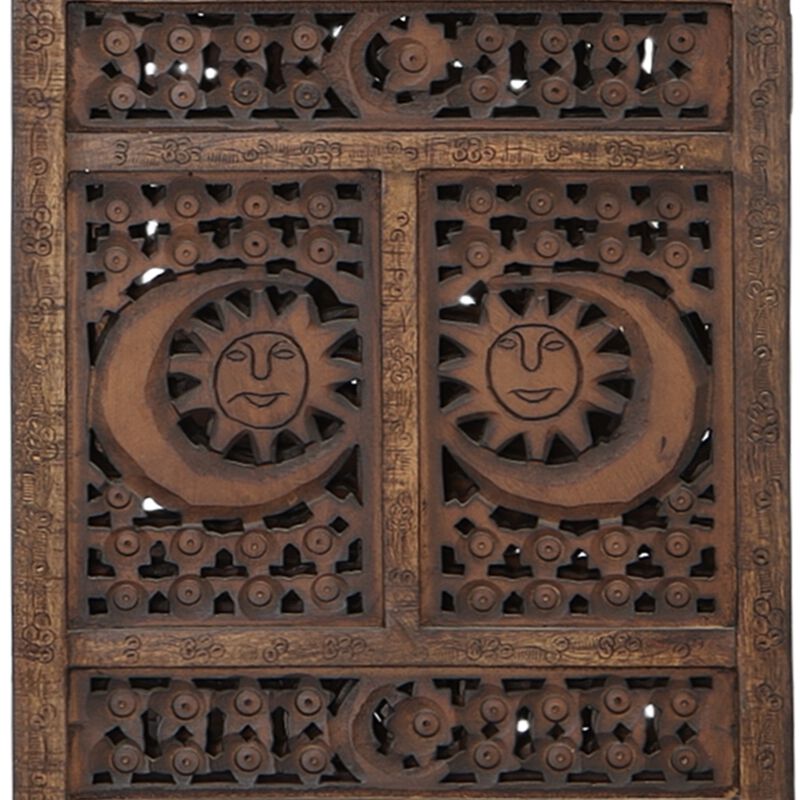 71 Inch 4 Panel Mango Wood Room Divider, Hand Carved, Sun & Moon Design, Brown-Benzara
