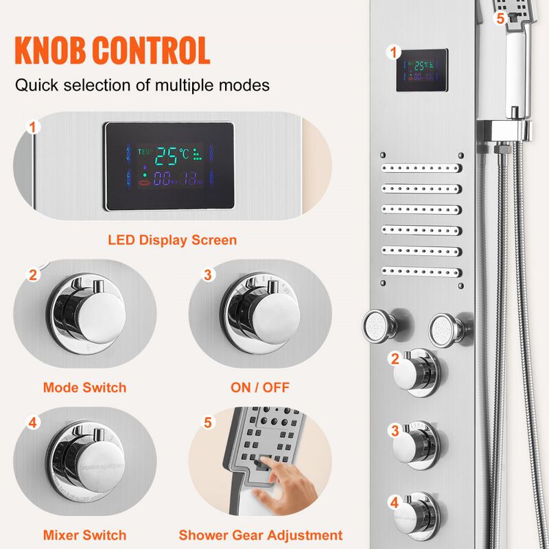 Stainless Steel Shower Panel Tower with 6 Shower Modes, Handheld, Tub Spout-Silver image number 5